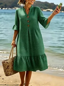 Women V Neck Polka Dot Ruffle Sleeve Bohemian Maxi Dress Polyester Spandex Vacation Summer Flowy A-line Party Beach Dress
