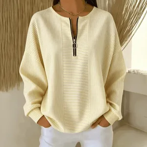 Casual Striped Long Sleeve Zipper Top For Women Fall Fashion Pullover Round Neck