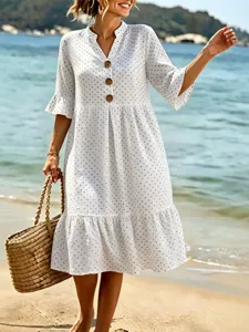 White polka dot V-neck ruffle sleeve midi dress casual summer beach wear for women