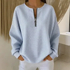 Women's Blue White Striped Quarter Zip Long Sleeve Casual Drop Shoulder Top Pullover