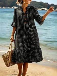 Women V-Neck Polka Dot Ruffle Sleeve Midi Dress Summer Beach Vacation Casual Outfit