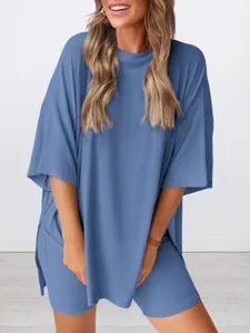 Women Casual Loungewear Top And Bottom Solid Color Short Sleeve Outfit Viscose Polyester Spandex Knit Pajamas With Pockets