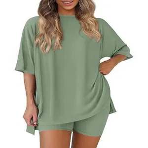 Women Solid Color Loose Casual Short Sleeve Top And Shorts Loungewear Set Summer
