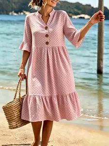 Casual summer V-neck polka dot ruffle sleeve boho beach vacation dress for women style.