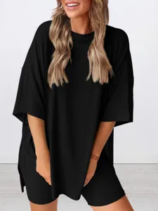 Women Solid Color Loose Casual Pocket Set Summer Fashion Chic Comfy Loungewear Outfit