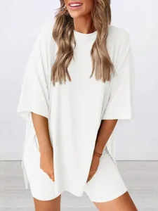 Casual solid color oversized t-shirt shorts loungewear set for women summer fashion main view