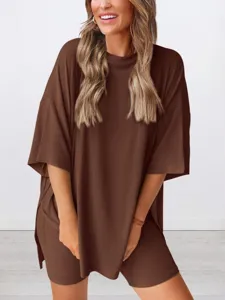 Women solid brown loose casual pajama set short sleeve top and shorts front main view