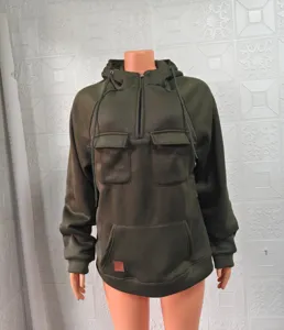 Herren Armeegrün Viertel-Reißverschluss Hoodie mit Taschen, lässige Sport Pullover Jacke.