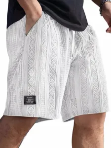 Men casual textured jacquard shorts with patch white summer daily wear breathable