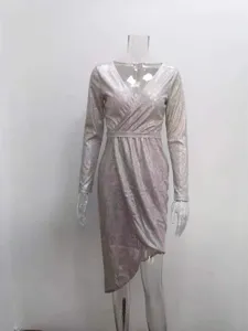 Women's Glitter Long Sleeve V-Neck Wrap Dress Metallic Sexy Evening Party Midi Dress