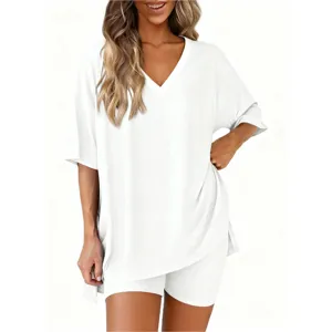 Women Summer Casual Solid V-Neck Loose Short Sleeve T-Shirt Shorts Loungewear Set Main View