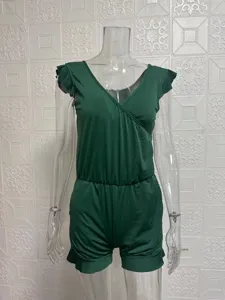 Solid dark green V-neck sleeveless one-piece swimsuit featuring stylish ruffle hem and elastic waist.