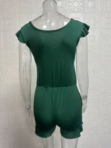 Back view detail of women solid dark green short romper with cute ruffled sleeves and waist details.