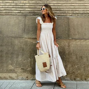 Damen Kariertes Maxi Kleid Eckiger Ausschnitt Rüschen Ärmellos Gesmokte Taille Weit Schwingendes Urlaub Casual Polyester Kleid