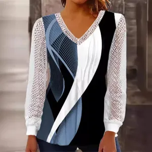 Women's Fashion V-Neck Long Sleeve Lace Patchwork Abstract Print Casual Loose Blouse Top