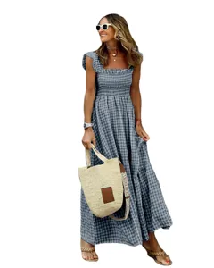 Sommer Damen blau kariertes Träger Lässig Maxi Schwingkleid für den Alltag Streetwear.