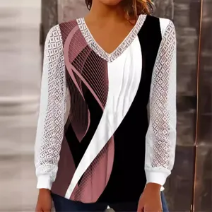 Women V-Neck Long Sleeve Lace Patchwork Blouse Casual Abstract Print Fashion Pullover Top