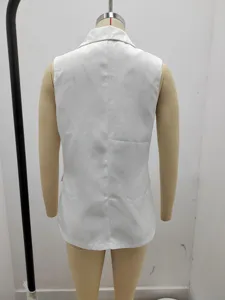 Back view of a solid white sleeveless blazer vest with lapel collar and clean tailoring details.