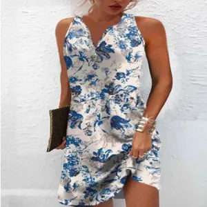 Chic blue white floral print V-neck sleeveless A-shirt dress casual summer women fashion