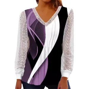 Stylish Women V-Neck Long Sleeve Lace Patchwork Abstract Print Casual Loose Blouse Top