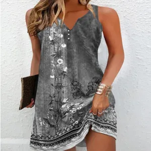 Detail shot of a sleeveless floral print v-neck mini dress in gray, elegant casual style.