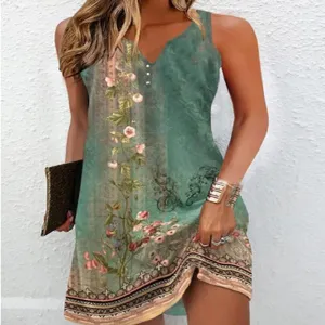 Summer floral casual V-neck sleeveless A-line dress for women, vintage printed beach wear.
