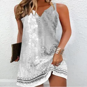 Summer casual floral print sleeveless V-neck A-line mini dress for women daily wear.