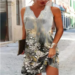 Summer casual sleeveless V-neck floral dress, elegant abstract print design for daily wear.