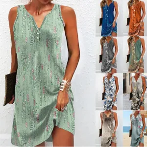 Women V Neck Sleeveless Floral Dress Summer Casual A Line Polyester Spandex Button Front Vintage Print Midi Dress
