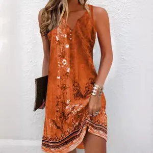 Women's V-neck sleeveless floral casual A-line dress summer fashion retro print beachwear
