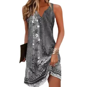Women Summer Vintage Floral Print V-Neck Sleeveless Casual A-Line Dress For Women Wear