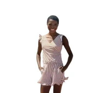 Women striped V-neck ruffle casual jumpsuit or stylish summer swimsuit main view.