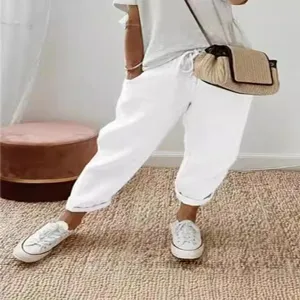 Damen Lässige Lose Baumwollmischung Elastische Taille Gekürzte Hosen Einfarbig Sommer Gerade Hosen Alltag