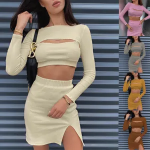Two-piece cutout crop top and split skirt set, fashionable ribbed knit outfit in multi colors.