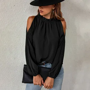 Women's Elegant Solid Color Cold Shoulder Long Sleeve Pleated Blouse Casual O-Neck Pullover Shirt Top