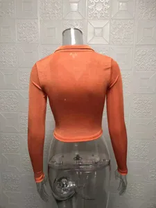 Orange long sleeve collared crop top slim fit casual shirt for women summer fashion