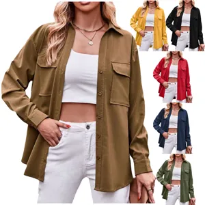 Damen Langarm Hemd Bluse Einfarbig Knopfleiste Zwei Taschen Herbst Freizeit Shirt Top