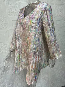 Plus size abstract print long sleeve V-neck casual loose women top fashion blouse