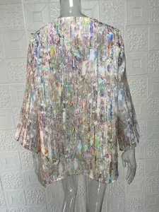 Women's casual loose colorful abstract printed long sleeve V-neck top back view details.