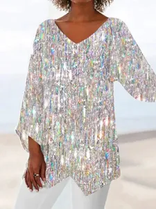 Women plus size casual V-neck long sleeve irregular hem top with shiny crystal print.