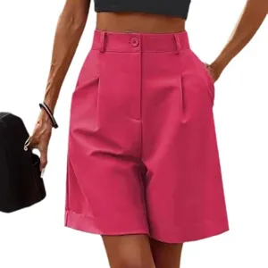 Women's high-waisted casual wide-leg bermuda shorts summer solid color straight pants