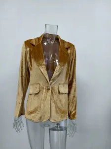Elegant slim-fit gold velvet blazer for women featuring notch lapel and single button