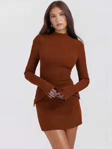 Women Long Sleeve Mock Neck Bodycon Mini Dress Elegant Slim Fit Casual Brown Dress