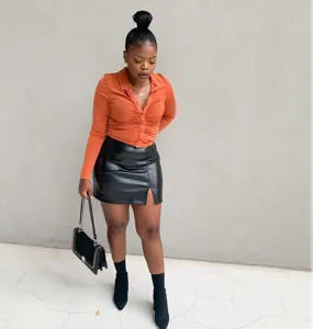 Women's slim fit lapel long sleeve orange ruched cardigan shirt top for daily stylish look.