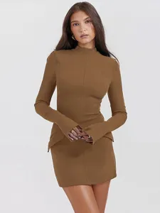 Brown Long Sleeve Bodycon Mini Dress Casual Sexy High Neck Slim Fit Women Party Outfit
