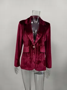 Elegant wine red velvet blazer featuring slim-fit cut and notched lapel design.