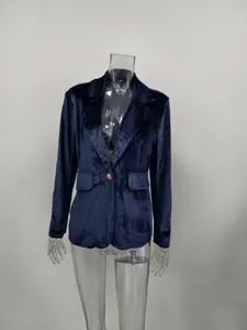 Detailed front view of a navy blue velvet slim fit blazer on a clear mannequin.