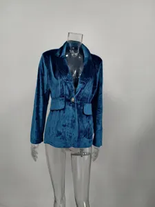 Elegant blue velvet slim-fit blazer for women, ideal for autumn and winter office wear.
