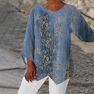 Plus size casual loose V-neck long sleeve floral print irregular hem blouse for women main view.