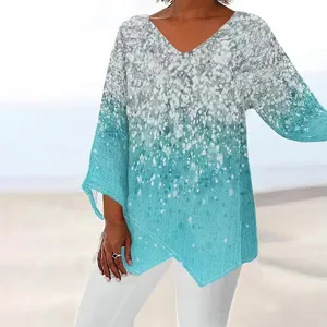 Casual loose gradient print long sleeve V-neck women top for summer fashion daily wear.